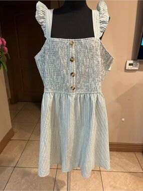 Light Green  Striped Smocked Sundress with Buttons